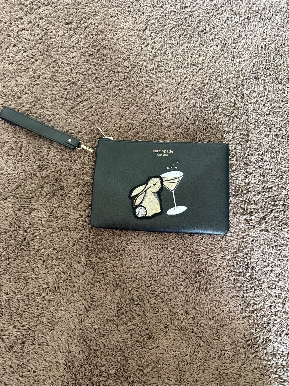 Kate Spade Black Wristlet with Bunny & Martini Patch